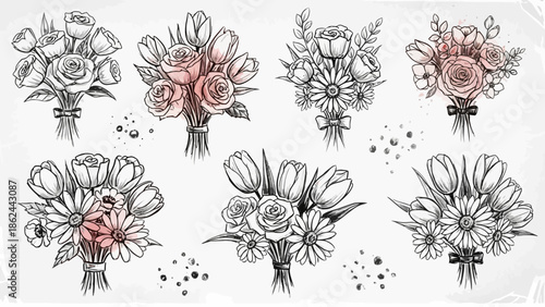 A collection of elegant hand-drawn floral bouquets featuring roses, tulips, and daisies, presented in a vintage sketch style with subtle color accents.