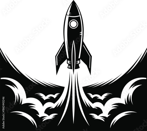 Growth and ambition symbol visual a stylized rocket blasting upwards with fiery exhaust trails and abstract cloud formations