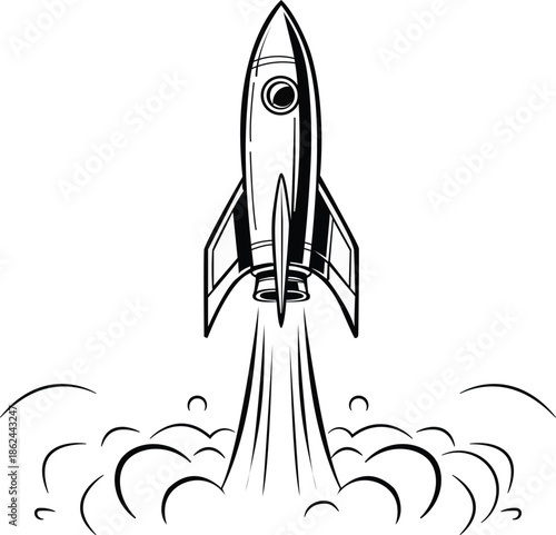 Growth and ambition symbol visual a rocket launching into space from a cloud of smoke and dust with dramatic motion lines