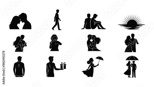Black silhouettes of romantic couples, love, relationships, and affectionate moments on white background, valentine's day