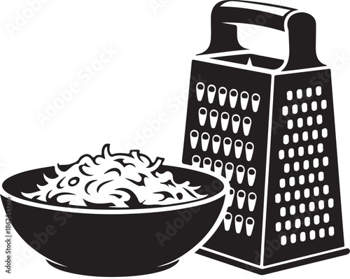 Manual metal cheese grater with bowl full of shredded product silhouette for cooking and preparation