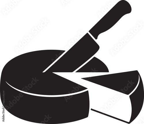 Round cheese wheel with large knife cutting a single wedge piece silhouette for dairy shop branding