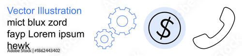 Business support, communication design, financial operations, customer service, technical assistance, industrial process. Gears, dollar symbol and phone icon on plain background. Business support