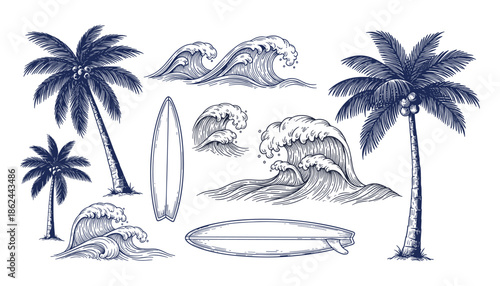 Ocean waves surfing boards and palm trees vector set on white background