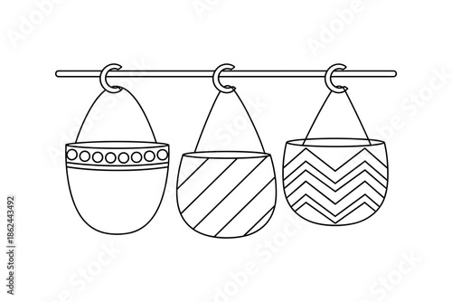 Hanging planters vector outline illustration with various patterns on white background