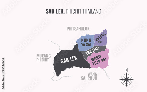 Map showing Sak Lek District Phichit Thailand divided into sub districts with minimalist colorful patterns