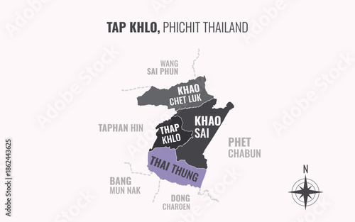 Map showing Tap Khlo District Phichit Thailand divided into sub districts with minimalist colorful patterns