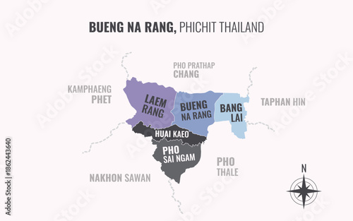 Map showing Bueng Na Rang District Phichit Thailand divided into sub districts with minimalist colorful patterns