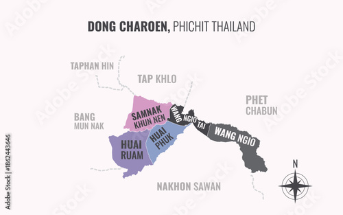 Map showing Dong Charoen District Phichit Thailand divided into sub districts with minimalist colorful patterns