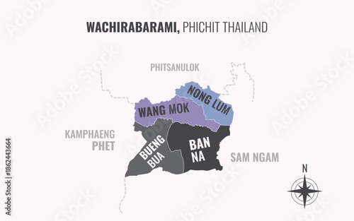 Map showing Wachirabarami District Phichit Thailand divided into sub districts with minimalist colorful patterns