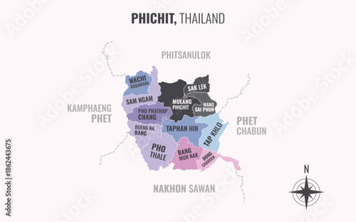 A map showing Phichit Thailand divided into districts in a minimalist colorful style