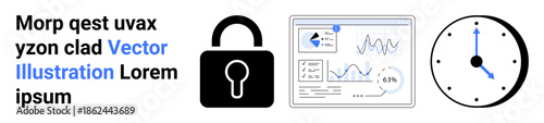 Data security, time management, analytics, information protection, productivity tracking, digital tools. A lock icon, analytics dashboard and clock visual. Data security and time management concept