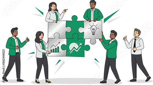 Teamwork collaboration, strategy, and innovation with puzzle pieces of business growth and ideas.