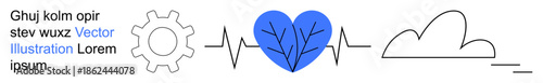 Technology integration, environmental health, sustainability, eco-solutions, innovation, connectivity concepts. Gear, heartbeat blue heart and cloud in linear abstract style. Technology