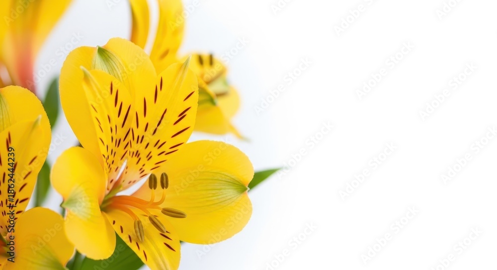 Fototapeta premium Vibrant yellow alstroemeria blossoms against a clean white backdrop creating a minimalist elegance