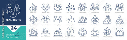 Team and People Editable Outline Icon Set for Business Organization Community and Collaboration