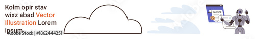 Cloud storage, AI automation, data management, futuristic technology, digital documents, billing solutions. Robot viewing an invoice with cloud graphics. Cloud storage and AI automation concept