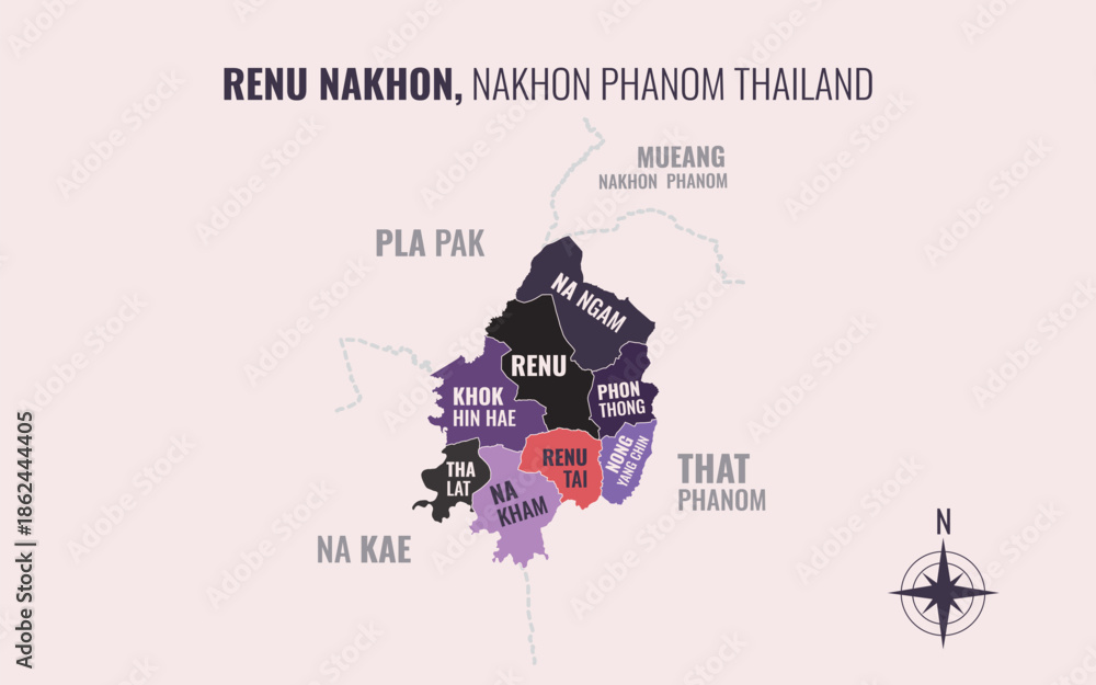 Naklejka premium Map showing Renu Nakhon District Nakhon Phanom Thailand divided into sub districts with minimalist colorful patterns