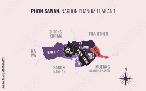 Map showing Phon Sawan District Nakhon Phanom Thailand divided into sub districts with minimalist colorful patterns