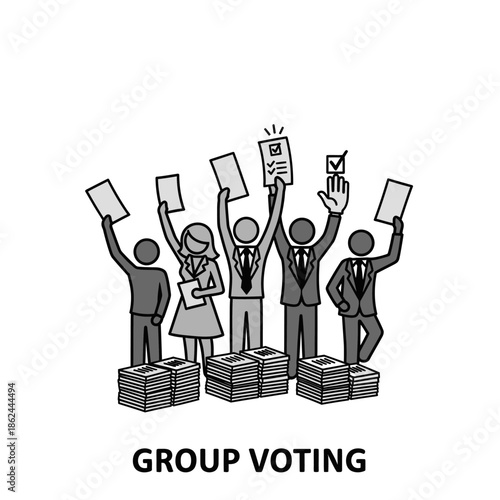 Group Voting People Standing on Stacks of Papers.