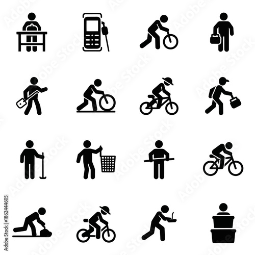 Black silhouette people cycling delivering and working icons set.