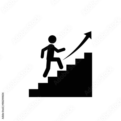 Man climbing stairs with upward arrow career growth success.