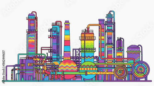 Flat Clean Psychedelic Industrial Vector Illustration — Futuristic Colorful Industry Design