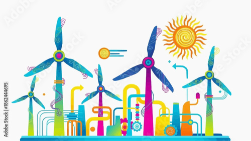 Flat Clean Psychedelic Industrial Vector Illustration — Futuristic Colorful Industry Design