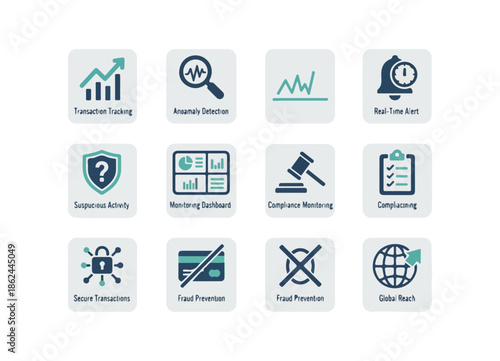 Financial technology icons for digital security and monitoring