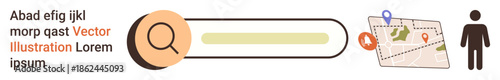 Navigation tools, location tracking, user search, online maps, geolocation services, interactive tools. A magnifying glass with a search bar and map with pins. Navigation tools and location tracking