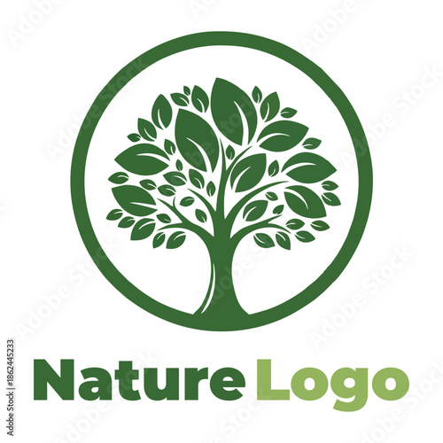 Vibrant green tree design within a circle symbolizing natural growth and environmental harmony
