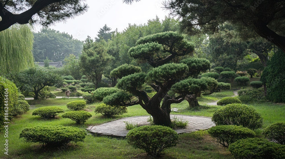 Naklejka premium Lush bonsai garden in a tranquil park setting