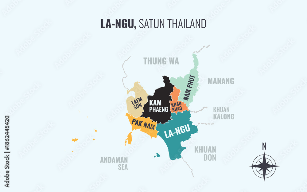 Naklejka premium Map showing La ngu District Satun Thailand divided into sub districts with minimalist colorful patterns