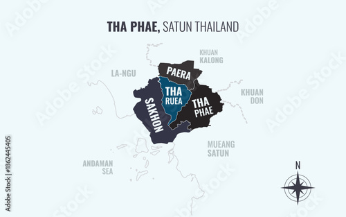 Map showing Tha Phae District Satun Thailand divided into sub districts with minimalist colorful patterns