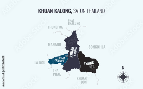 Map showing Khuan Kalong District Satun Thailand divided into sub districts with minimalist colorful patterns