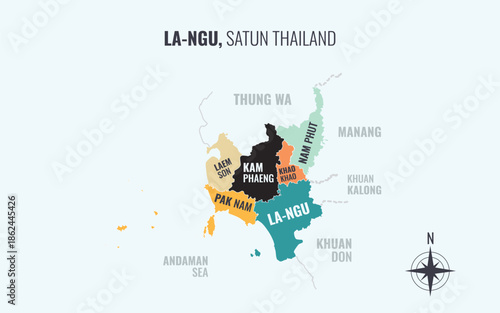 Map showing La ngu District Satun Thailand divided into sub districts with minimalist colorful patterns