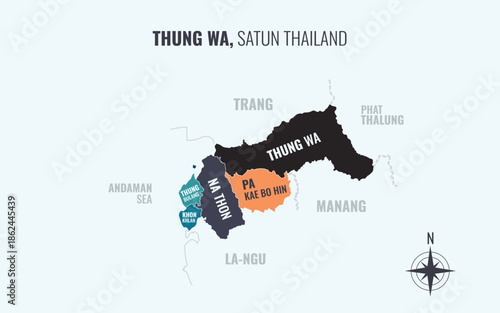 Map showing Thung Wa District Satun Thailand divided into sub districts with minimalist colorful patterns