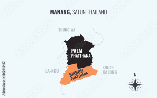Map showing Manang District Satun Thailand divided into sub districts with minimalist colorful patterns