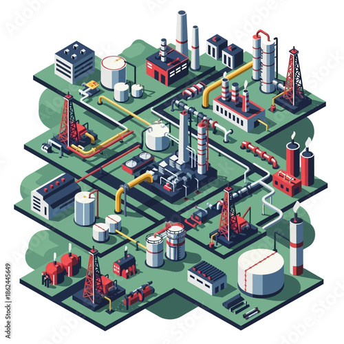 Isometric illustration of a multi-layered industrial complex with oil rigs, storage tanks, and interconnected pipelines, representing energy production.
