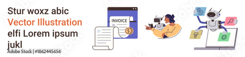 Digital services, automation, AI tools, financial transactions, online platforms, data processing. Features an invoice, a person working on payments and an AI robot processing data. Digital services