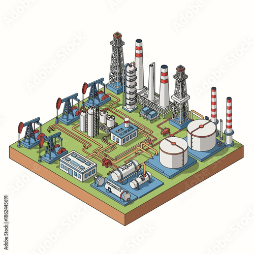 Isometric illustration of an oil and gas refinery complex with multiple pumpjacks, storage tanks, pipelines, and industrial buildings.