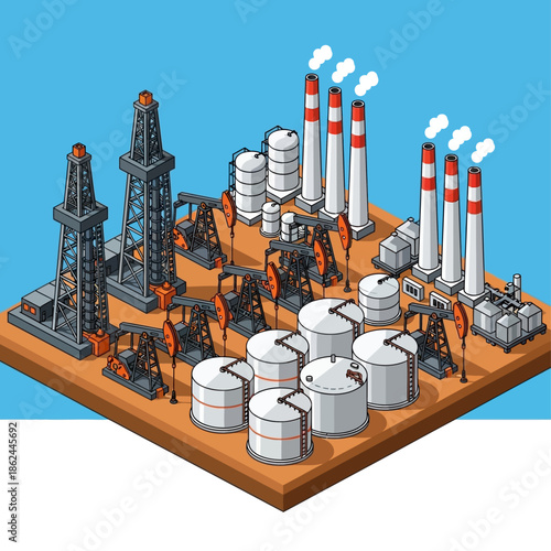 Isometric illustration of an oil and gas industrial complex with drilling rigs, pumpjacks, storage tanks, and power plant chimneys.