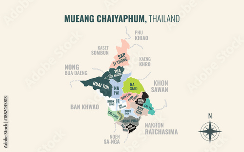 Map showing Mueang Chaiyaphum District Chaiyaphum Thailand divided into sub districts with minimalist colorful patterns