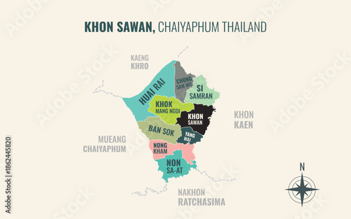 Map showing Khon Sawan District Chaiyaphum Thailand divided into sub districts with minimalist colorful patterns