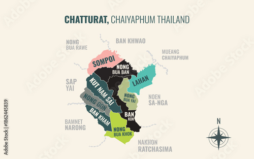 Map showing Chatturat District Chaiyaphum Thailand divided into sub districts with minimalist colorful patterns