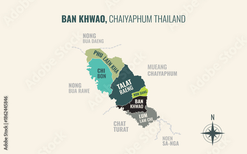 Map showing Ban Khwao District Chaiyaphum Thailand divided into sub districts with minimalist colorful patterns