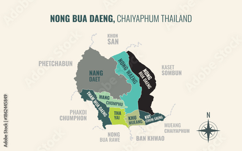 Map showing Nong Bua Daeng District Chaiyaphum Thailand divided into sub districts with minimalist colorful patterns