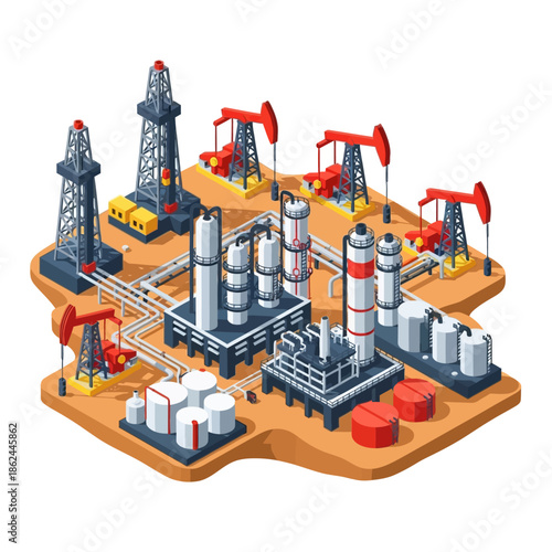 Isometric illustration of an oil refinery and drilling site with derricks, pumpjacks, storage tanks, and processing units.
