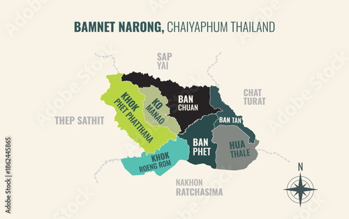 Map showing Bamnet Narong District Chaiyaphum Thailand divided into sub districts with minimalist colorful patterns