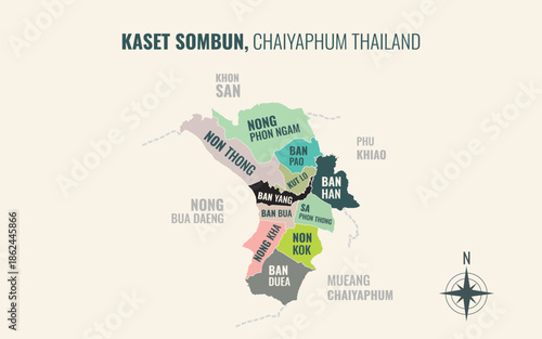 Map showing Kaset Sombun District Chaiyaphum Thailand divided into sub districts with minimalist colorful patterns